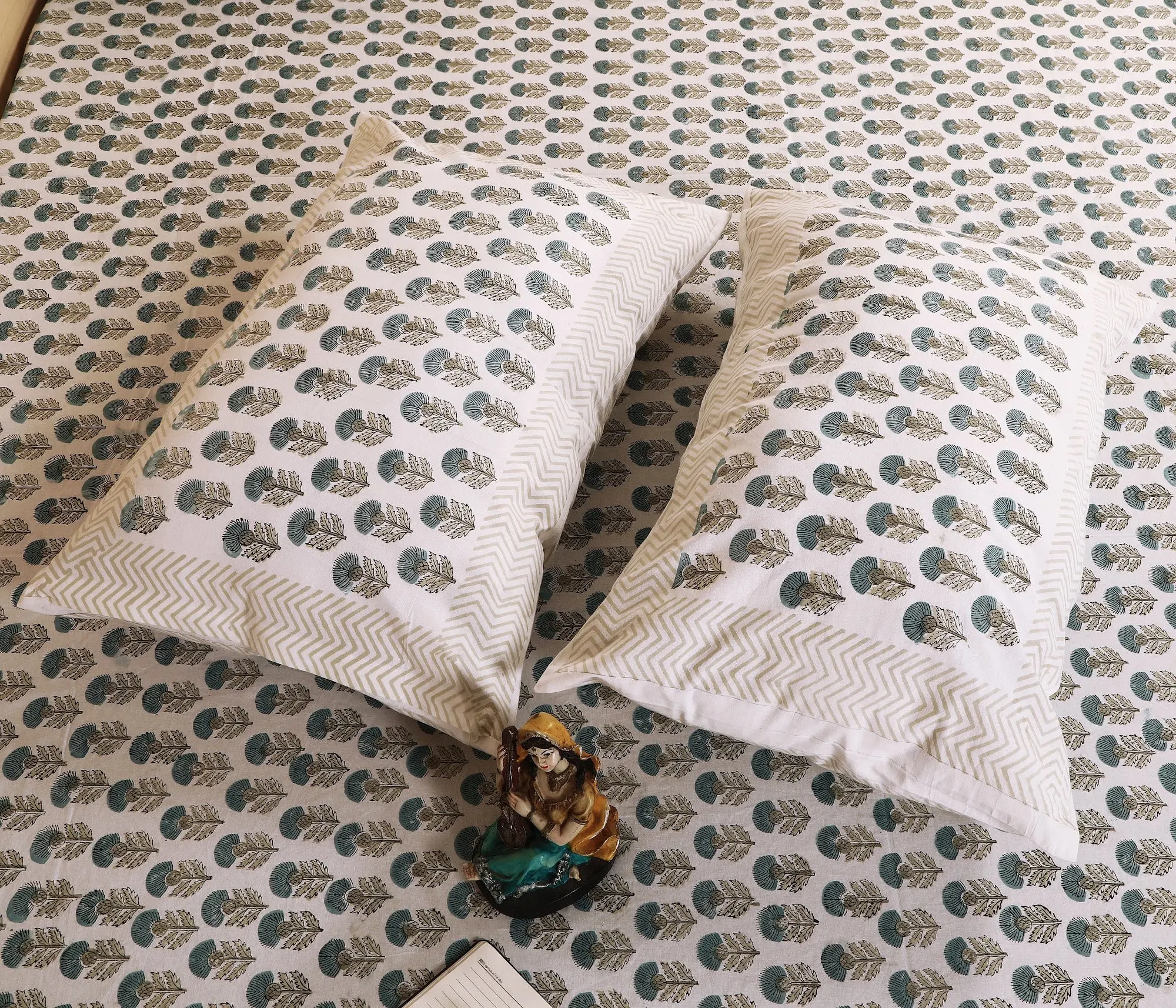 Sage Keri Jaal hand block printed double bedsheet 95x108 with 2 pillow covers – sage and grey – Jaipur wholesale – image 3