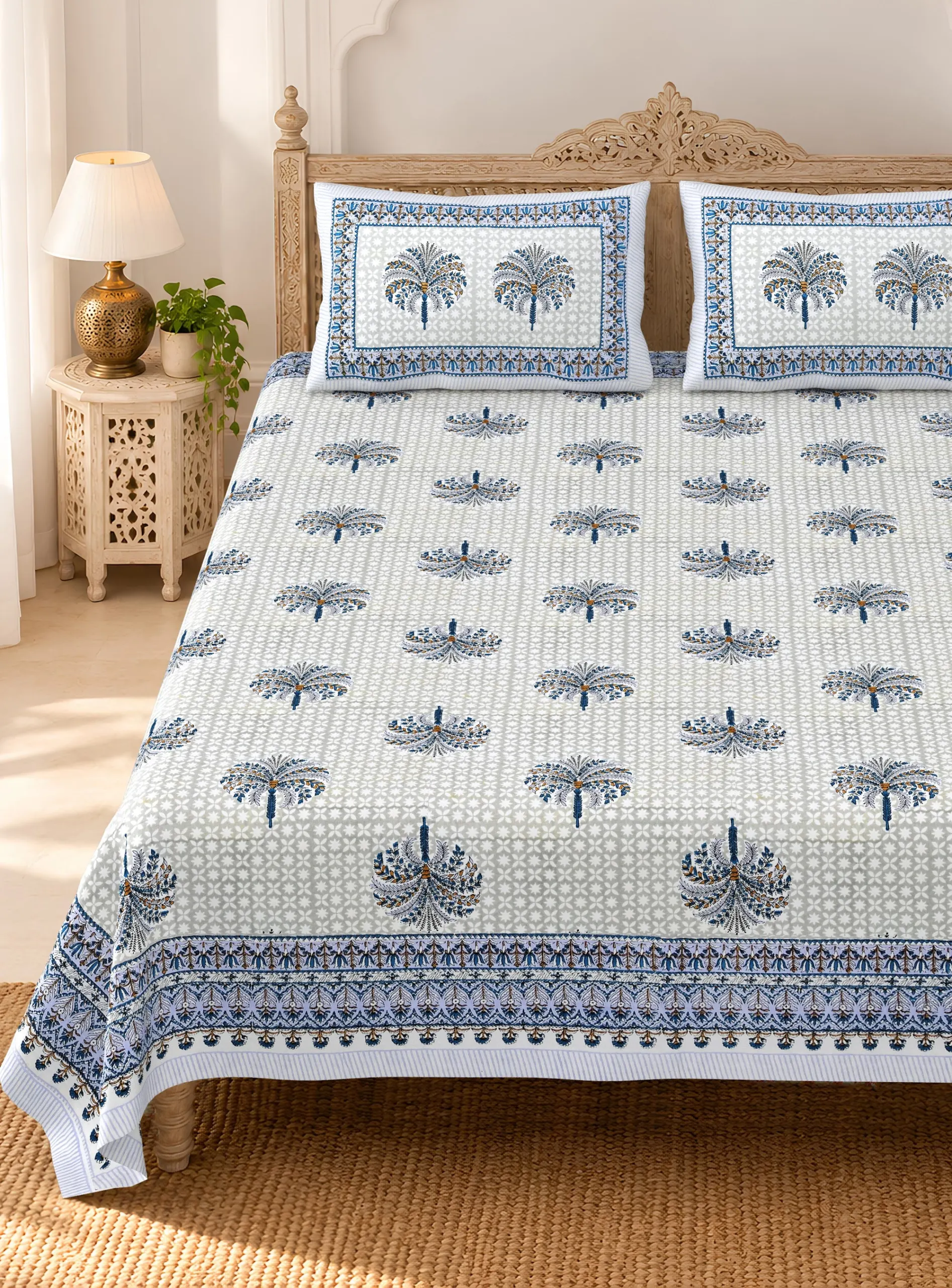 Safed Neel Khajoor Buta pure cotton double bedsheet 90x108 wholesale Jaipur – view 2