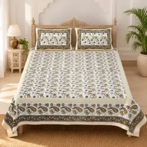 Kreem Mehendi Phool Jaal pure cotton double bedsheet 90x108 wholesale Jaipur