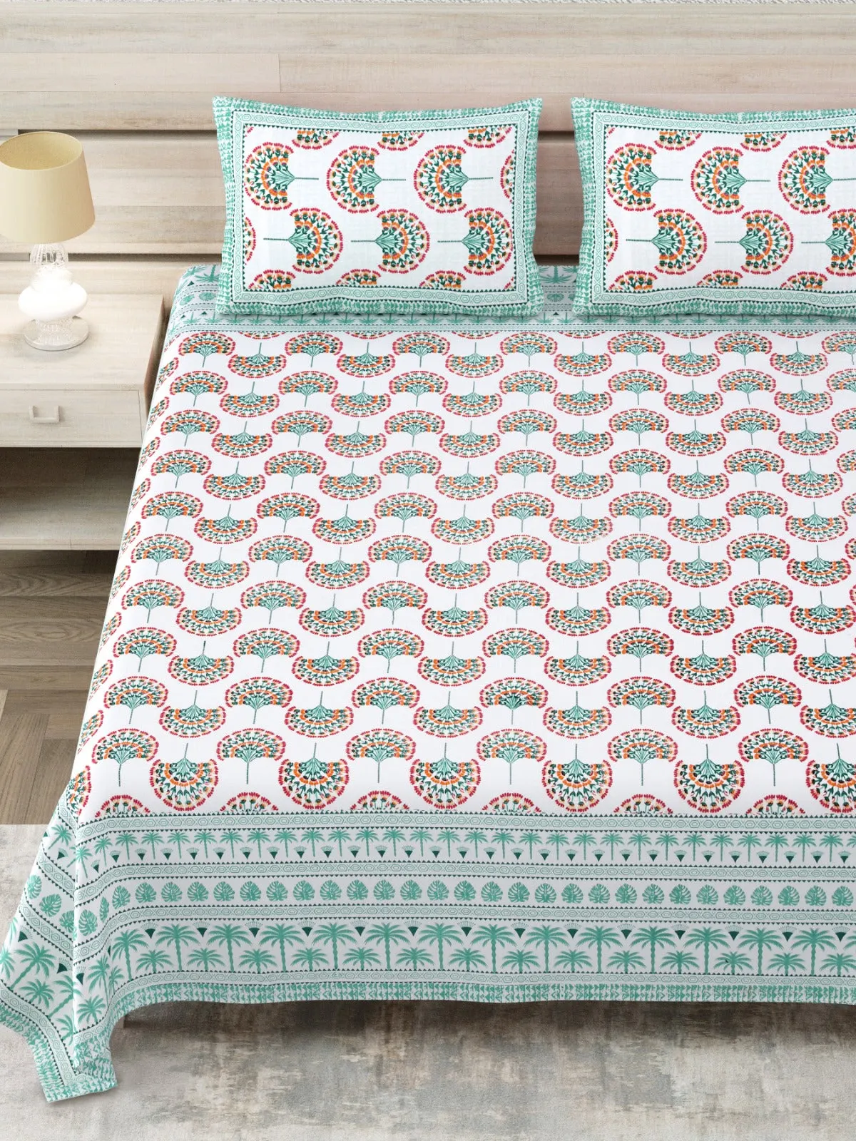 Aqua Border Fan Scallop king size bedsheet 108x108 wholesale Jaipur – Sheesh Mahal collection – view 2