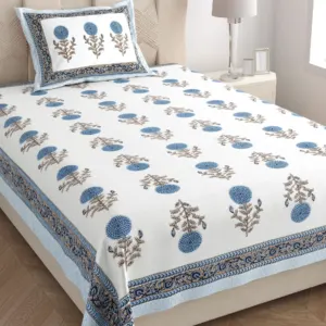 Blue marigold single bedsheet 60x90 wholesale Jaipur – Blue Genda Phool Buta single bed cotton bedsheet 60x90 with pillow cover – blue – Jaipur wholesale
