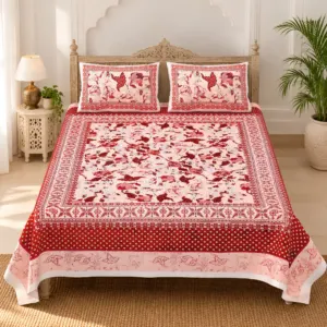 Laal Chidiya Phool pure cotton double bedsheet 90x108 wholesale Jaipur