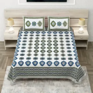 Navy Green Geometric Medallion Super King Cotton Bedsheet 108x108 with 2 Pillow Covers (Sheesh Mahal)