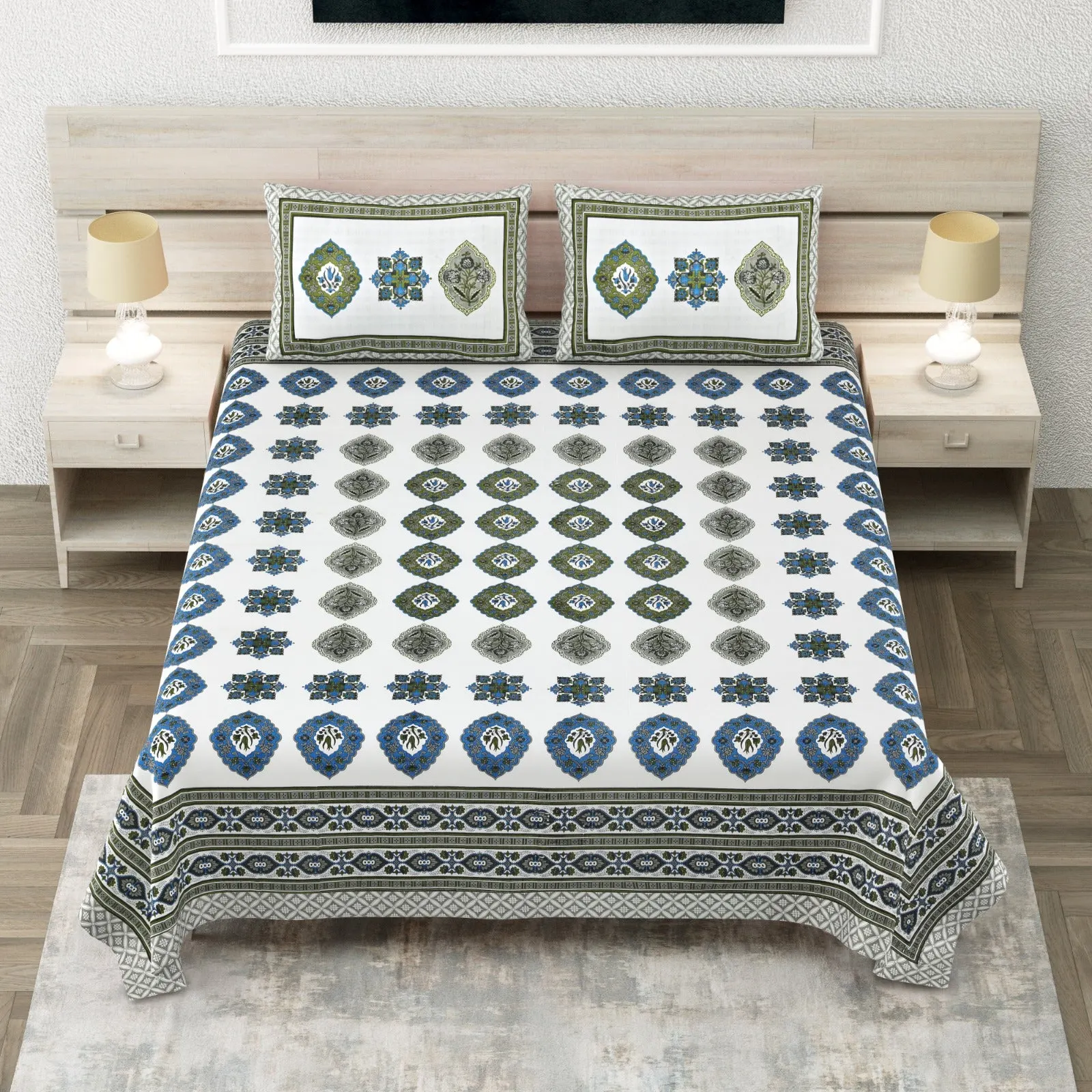 Navy medallion king size bedsheet 108x108 wholesale Jaipur – Navy Green Geometric Medallion king size bedsheet 108x108 wholesale Jaipur – Sheesh Mahal collection