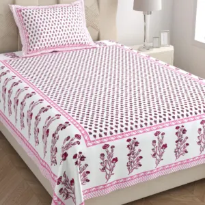Pink vine single bedsheet 60x90 wholesale Jaipur – Pink Mini Booti with Bel Border single bed cotton bedsheet 60x90 with pillow cover – pink – Jaipur wholesale