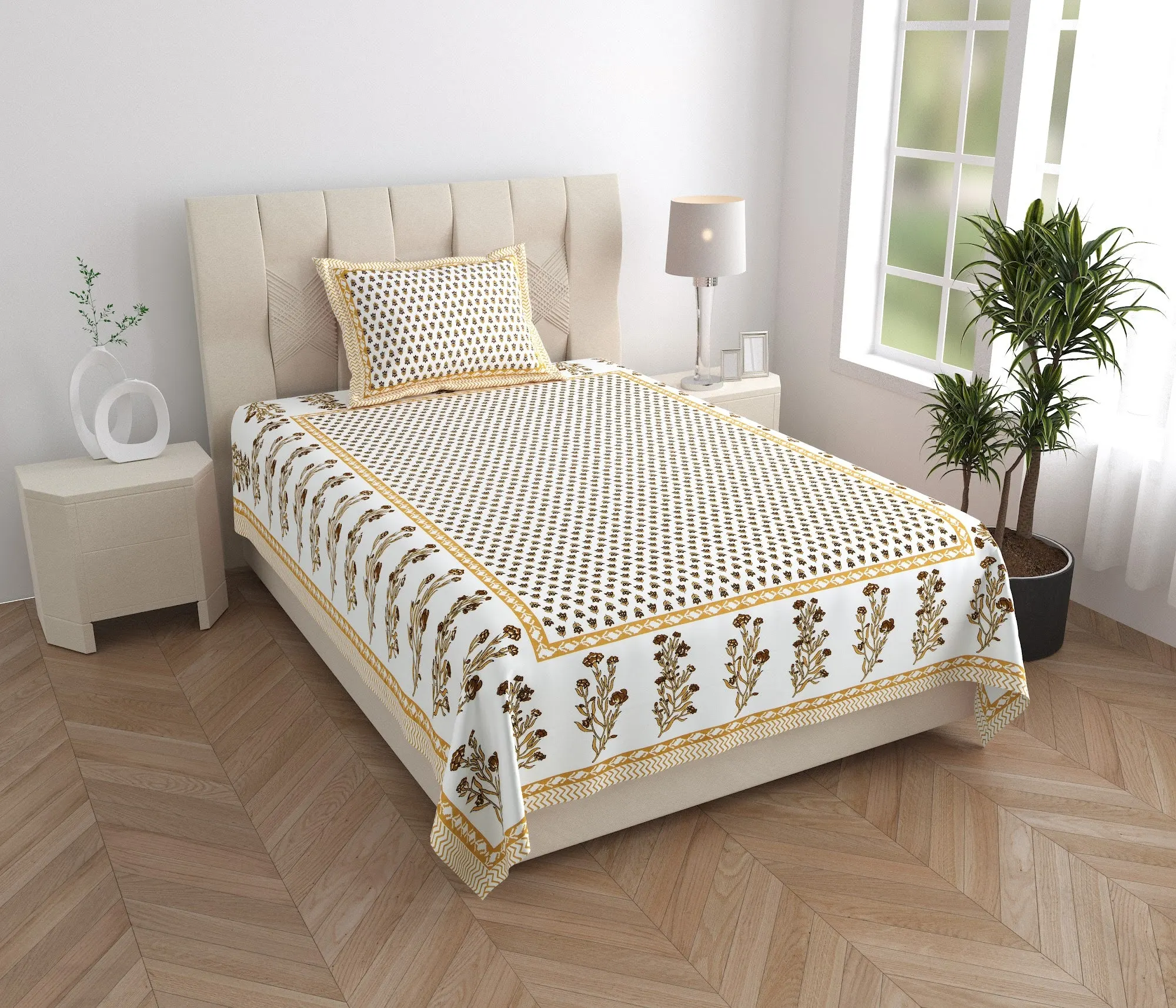 Mustard Mini Booti with Bel Border single bed cotton bedsheet 60x90 with pillow cover – mustard – Jaipur wholesale – image 5