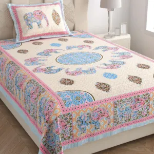 Pink elephant single bedsheet 60x90 wholesale Jaipur – Pink Haathi Mandala single bed cotton bedsheet 60x90 with pillow cover – pink – Jaipur wholesale