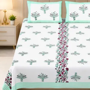 Mint vine double bedsheet 100x108 wholesale Jaipur – Pudina Bel Border premium cotton double bedsheet 100x108 with 2 pillow covers – mint green and grey – Jaipur wholesale