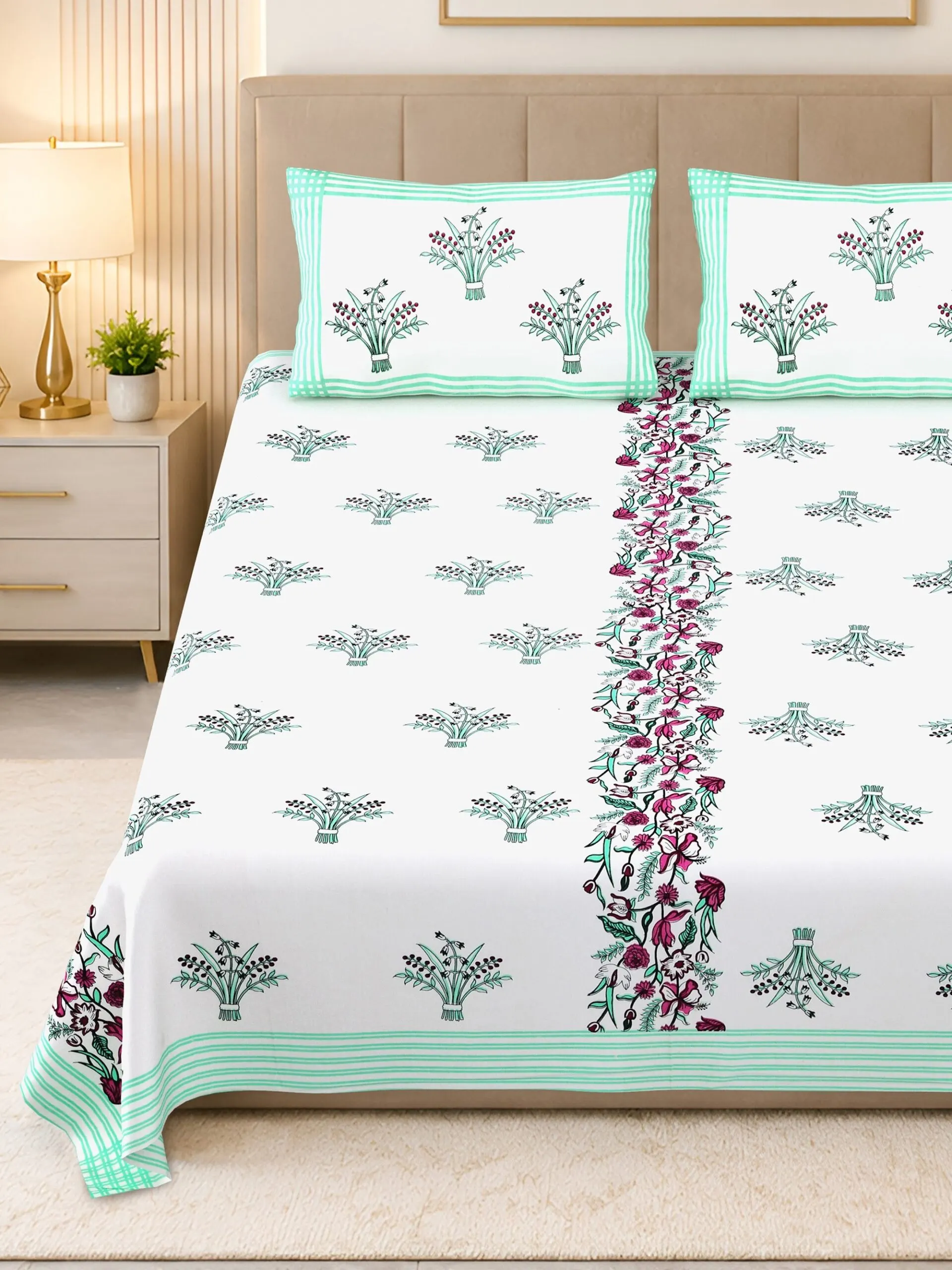 Mint vine double bedsheet 100x108 wholesale Jaipur – Pudina Bel Border premium cotton double bedsheet 100x108 with 2 pillow covers – mint green and grey – Jaipur wholesale
