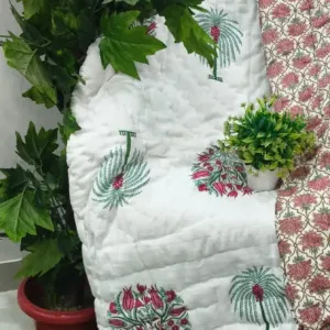 White Teal Palm Jaipuri razai wholesale Jaipur – White Teal Palm Buta Peach Reverse mulmul cotton quilt, reversible – Jal Mahal collection