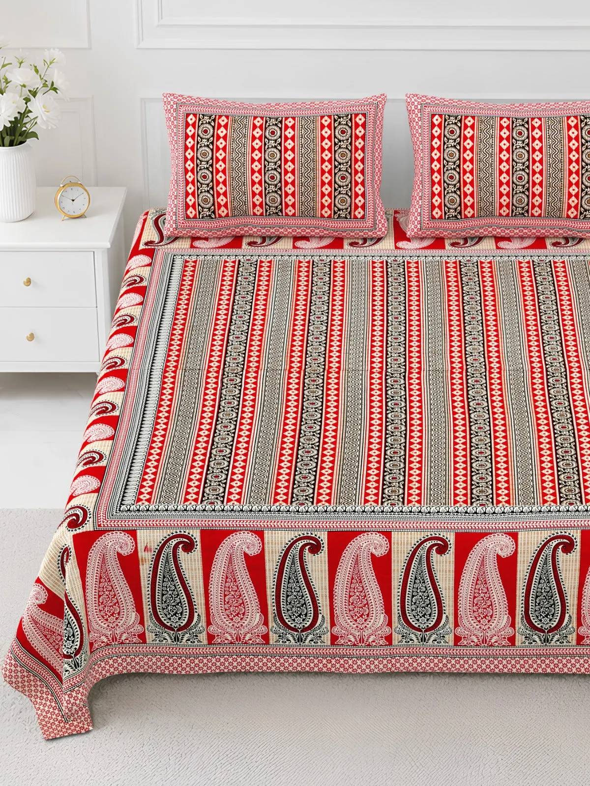 Red Stripe Paisley printed cotton double bedsheet 90x108 wholesale Jaipur – Rangeela collection – view 2