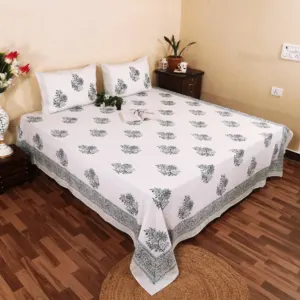 Pudina Border Phool Hand Block Printed Double Bedsheet 95x108 with 2 Pillow Covers (Rajwada)