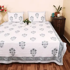 Neela Gamla Buta Hand Block Printed Double Bedsheet 95x108 with 2 Pillow Covers (Rajwada)