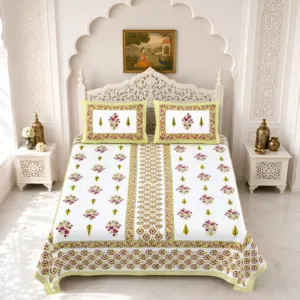 Beige panel double bedsheet 90x108 wholesale Jaipur – Beige Panel Floral double bedsheet 90x108 wholesale Jaipur – Gulmohar collection