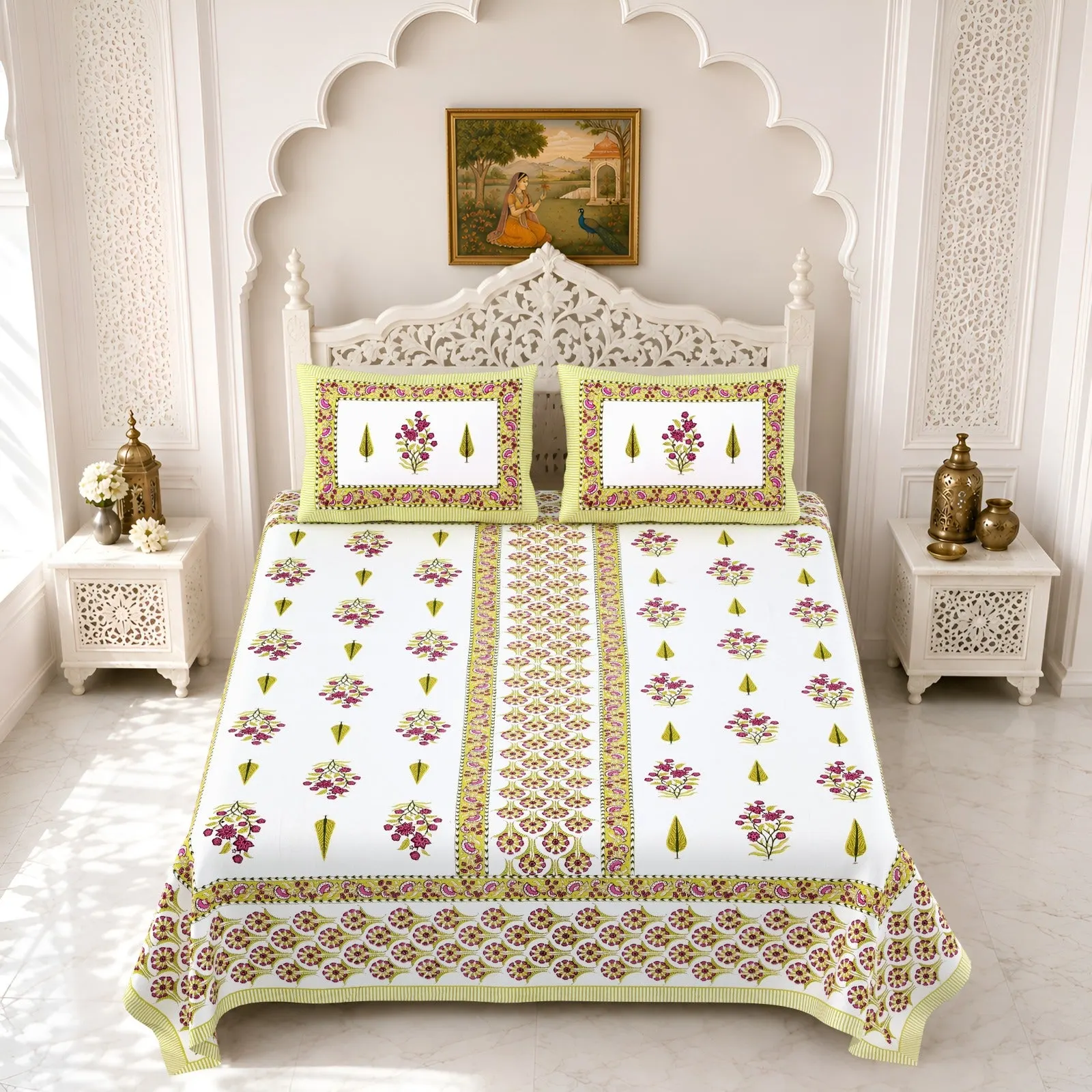 Beige panel double bedsheet 90x108 wholesale Jaipur – Beige Panel Floral double bedsheet 90x108 wholesale Jaipur – Gulmohar collection