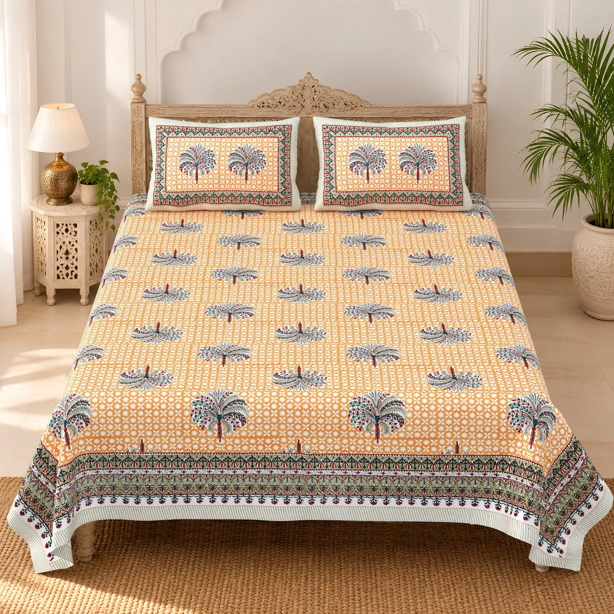 Aadoo Khajoor Buta pure cotton double bedsheet 90x108 wholesale Jaipur