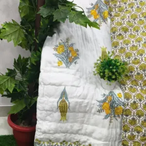 White Yellow Kairi Buta Jaipuri Razai Wholesale – Mulmul Cotton Quilt (Jal Mahal)