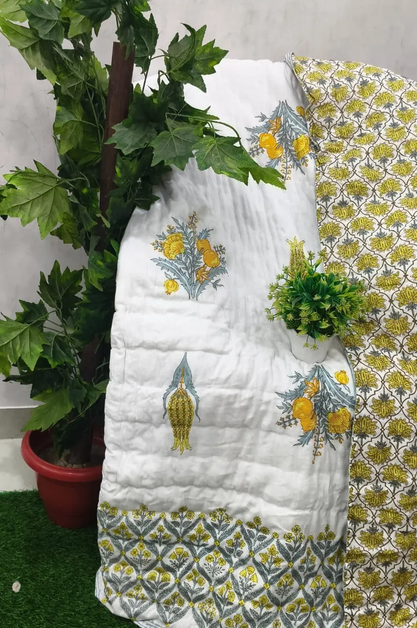 White Yellow Kairi Jaipuri razai wholesale Jaipur – White Yellow Kairi Buta mulmul cotton quilt, reversible – Jal Mahal collection