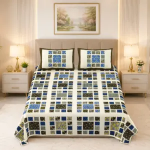 Olive patchwork double bedsheet 100x108 wholesale Jaipur – Mehendi Chaukadi Patch premium cotton double bedsheet 100x108 with 2 pillow covers – olive and multicolour – Jaipur wholesale