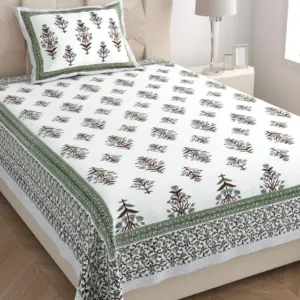 Green mughal single bedsheet 60x90 wholesale Jaipur – Green Border Mughal Booti single bed cotton bedsheet 60x90 with pillow cover – green – Jaipur wholesale