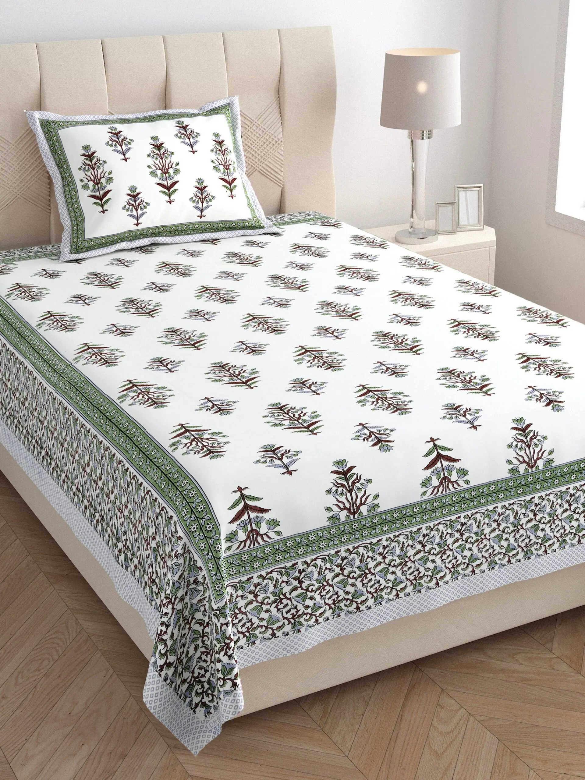 Green mughal single bedsheet 60x90 wholesale Jaipur – Green Border Mughal Booti single bed cotton bedsheet 60x90 with pillow cover – green – Jaipur wholesale