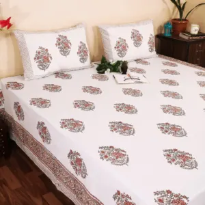 Mitti Rang Guldasta Hand Block Printed Double Bedsheet 95x108 with 2 Pillow Covers (Rajwada)
