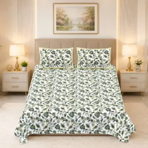 Jaal double bedsheet 100x108 wholesale Jaipur – Hari Patti Jaal premium cotton double bedsheet 100x108 with 2 pillow covers – olive green – Jaipur wholesale