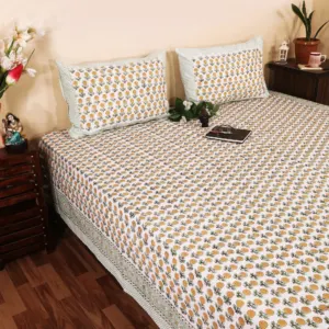 Yellow marigold hand block bedsheet 95x108 wholesale Jaipur – Peeli Genda Booti hand block printed double bedsheet 95x108 with 2 pillow covers – mustard yellow – Jaipur wholesale