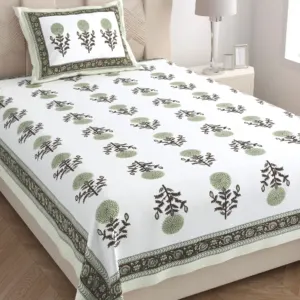 Olive marigold single bedsheet 60x90 wholesale Jaipur – Olive Genda Phool Buta single bed cotton bedsheet 60x90 with pillow cover – olive green – Jaipur wholesale