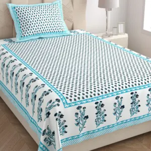 Aqua vine single bedsheet 60x90 wholesale Jaipur – Aqua Mini Booti with Bel Border single bed cotton bedsheet 60x90 with pillow cover – aqua – Jaipur wholesale
