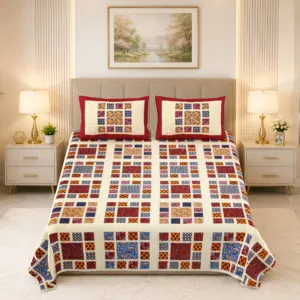 Maroon patchwork double bedsheet 100x108 wholesale Jaipur – Maroon Chaukadi Patch premium cotton double bedsheet 100x108 with 2 pillow covers – maroon and multicolour – Jaipur wholesale