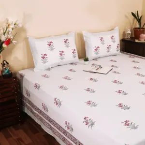 Red floral hand block bedsheet 95x108 wholesale Jaipur – Lal Phool Daali hand block printed double bedsheet 95x108 with 2 pillow covers – red and grey – Jaipur wholesale