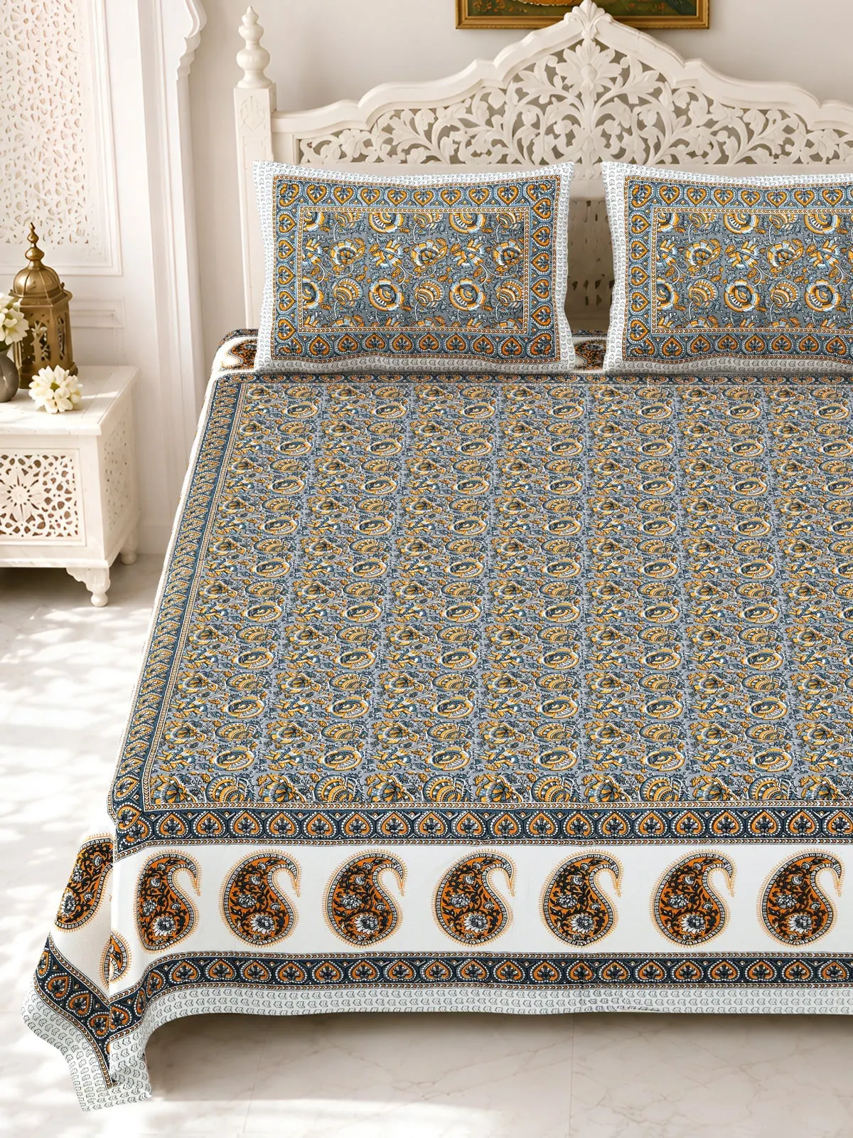Grey Paisley Border double bedsheet 90x108 wholesale Jaipur – Gulmohar collection – view 2