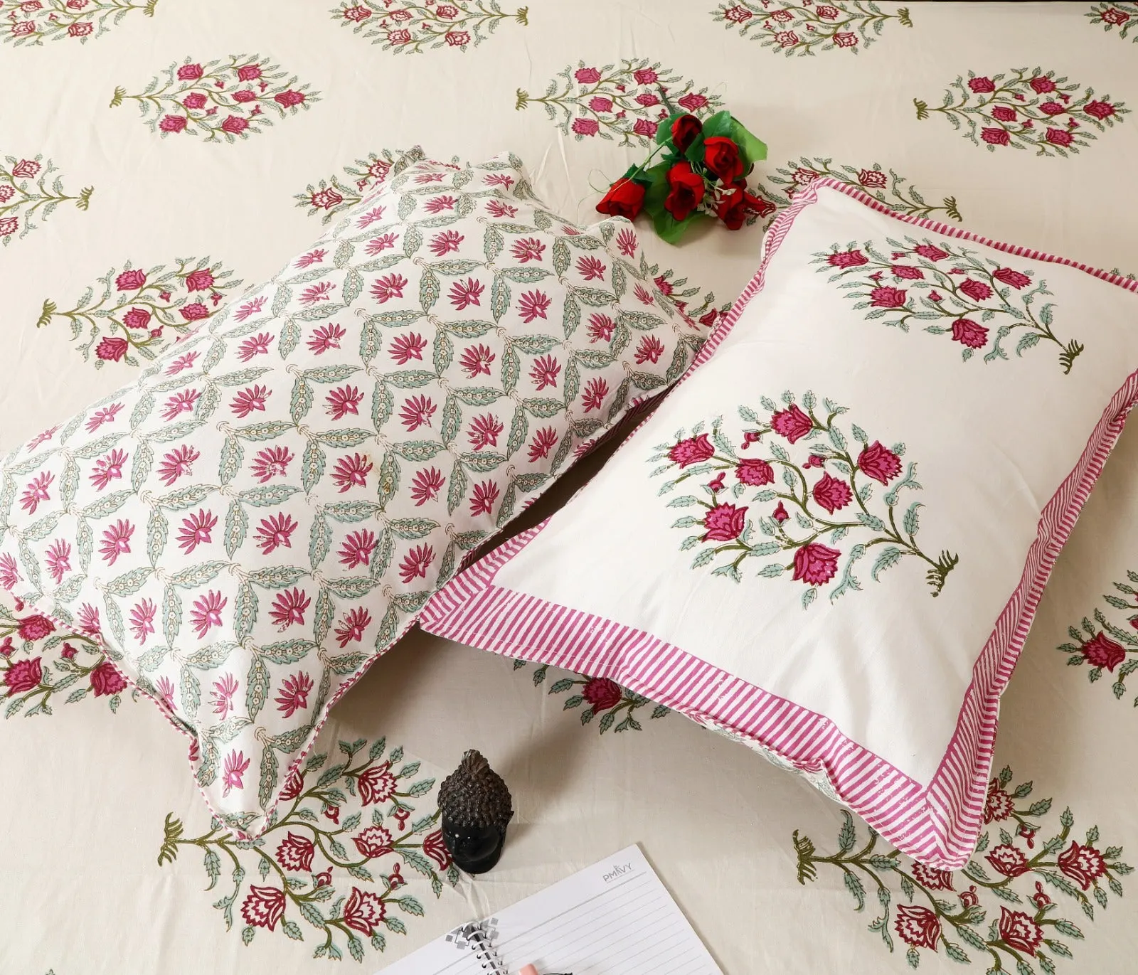 Pink Border Rose Bouquet king size bedsheet 108x108 wholesale Jaipur – Amer collection – view 4