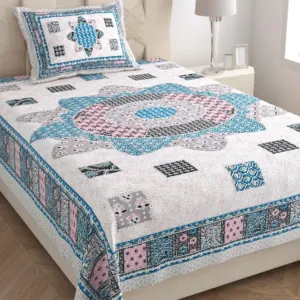 Aqua patchwork single bedsheet 60x90 wholesale Jaipur – Aqua Patchwork Mandala single bed cotton bedsheet 60x90 with pillow cover – aqua – Jaipur wholesale