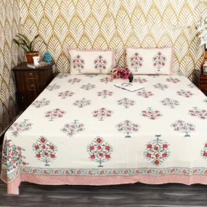 Peach Border Rose Bouquet Block Print Murugan Cotton King Size Bedsheet 108x108 (Amer)