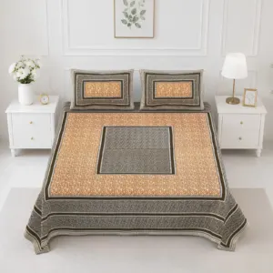 Grey beige double bedsheet 90x108 wholesale Jaipur – Grey Beige Centre Square printed cotton double bedsheet 90x108 wholesale Jaipur – Rangeela collection