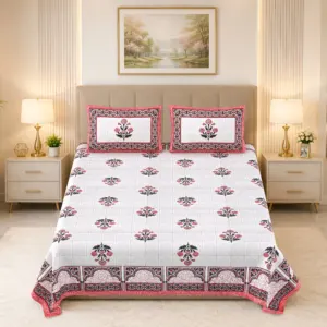 Dhuan Gulabi Panel Booti Premium Cotton Double Bedsheet 100x108 with 2 Pillow Covers (Rangmahal)