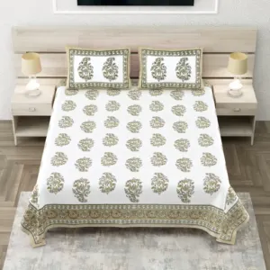 Olive Mughal Buta Super King Cotton Bedsheet 108x108 with 2 Pillow Covers (Sheesh Mahal)