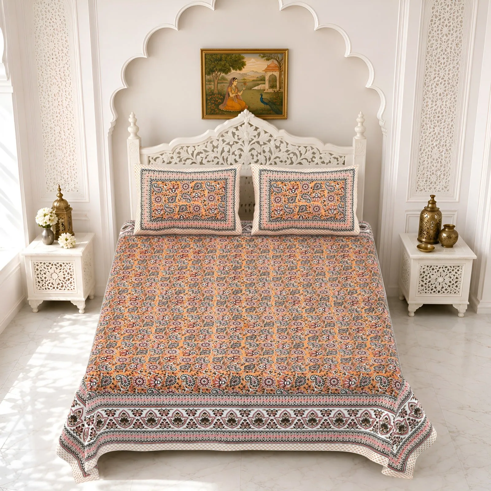 Peach jaal double bedsheet 90x108 wholesale Jaipur – Peach Floral Jaal double bedsheet 90x108 wholesale Jaipur – Gulmohar collection