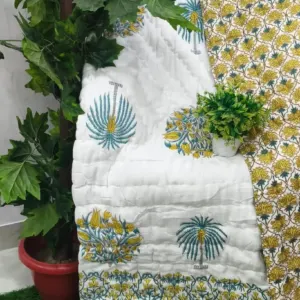 White Yellow Palm Jaipuri razai wholesale Jaipur – White Yellow Palm Buta mulmul cotton quilt, reversible – Jal Mahal collection