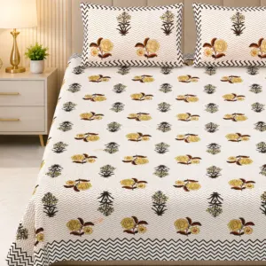 Mustard zigzag double bedsheet 100x108 wholesale Jaipur – Sarson Zigzag Booti premium cotton double bedsheet 100x108 with 2 pillow covers – mustard and brown – Jaipur wholesale