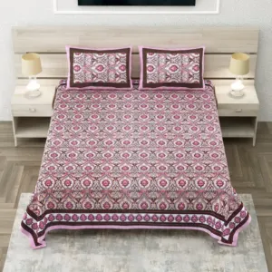 Pink Geometric Tile Super King Cotton Bedsheet 108x108 with 2 Pillow Covers (Sheesh Mahal)