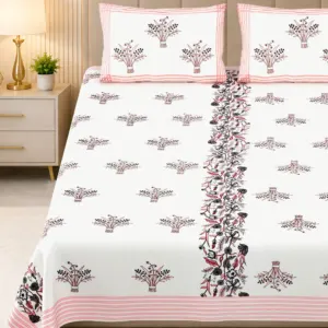 Pink rose double bedsheet 100x108 wholesale Jaipur – Gulabi Bel Border premium cotton double bedsheet 100x108 with 2 pillow covers – pink and grey – Jaipur wholesale