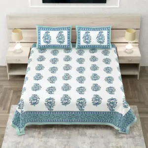 Blue Mughal Buta Super King Cotton Bedsheet 108x108 with 2 Pillow Covers (Sheesh Mahal)
