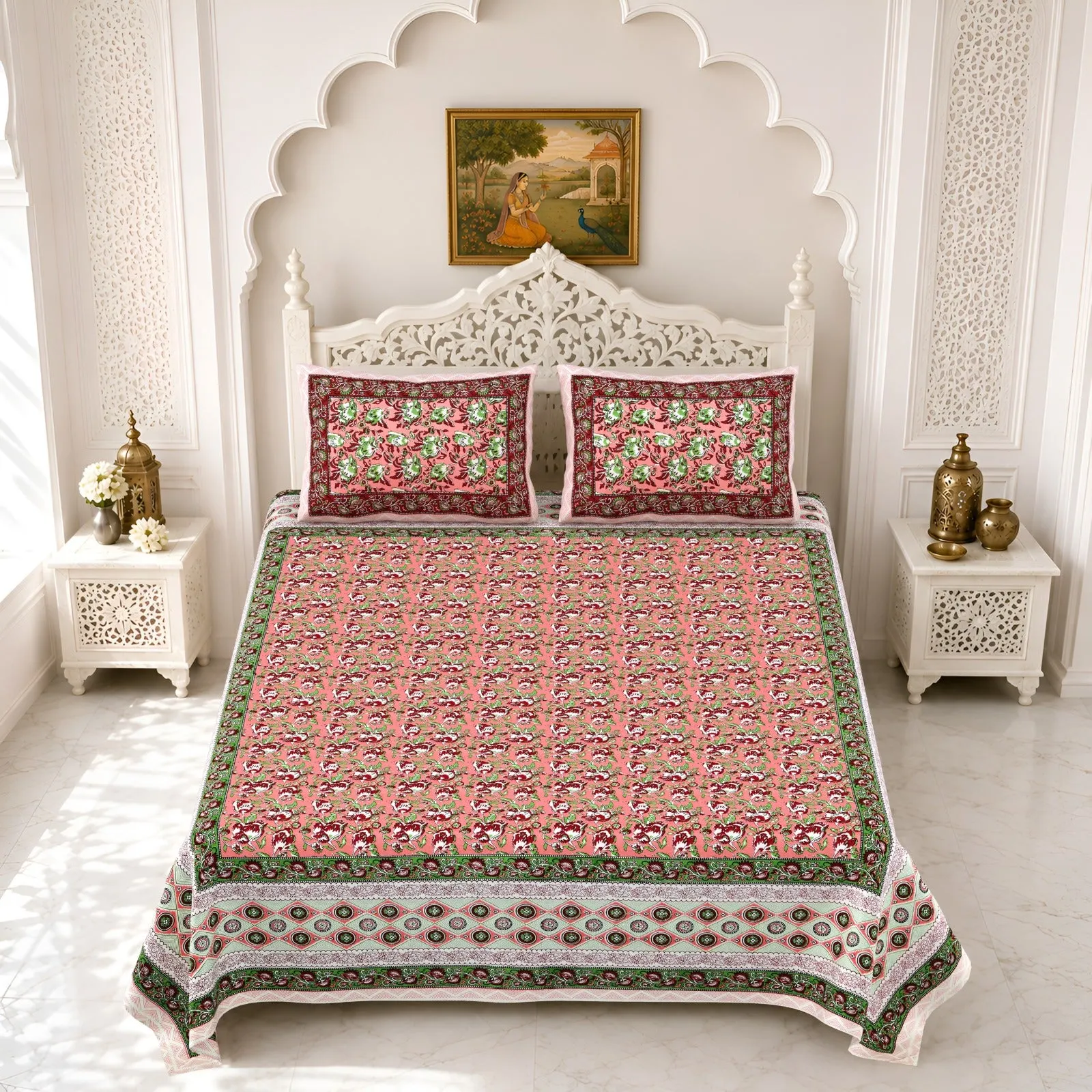 Coral jaal double bedsheet 90x108 wholesale Jaipur – Coral Green Border Jaal double bedsheet 90x108 wholesale Jaipur – Gulmohar collection