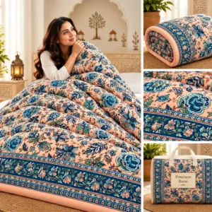 Peach Navy Floral Jaipuri razai wholesale Jaipur – Peach Navy Floral mulmul cotton quilt, reversible – Jal Mahal collection