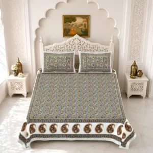 Grey paisley double bedsheet 90x108 90x108 wholesale Jaipur – Grey Paisley Border double bedsheet 90x108 wholesale Jaipur – Gulmohar collection