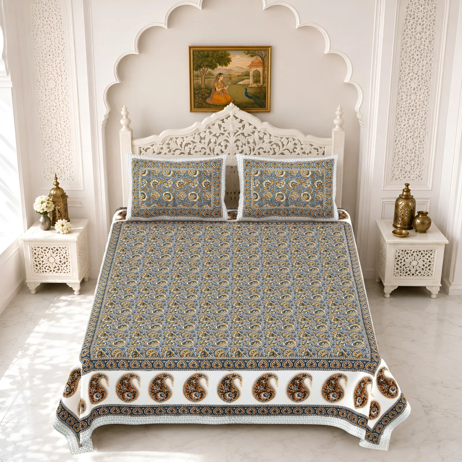 Grey paisley double bedsheet 90x108 90x108 wholesale Jaipur – Grey Paisley Border double bedsheet 90x108 wholesale Jaipur – Gulmohar collection
