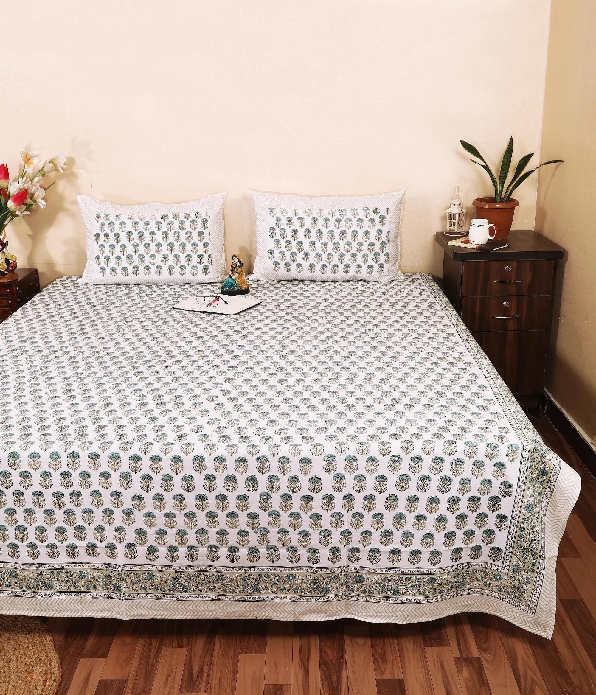Sage Keri Jaal hand block printed double bedsheet 95x108 with 2 pillow covers – sage and grey – Jaipur wholesale – image 2